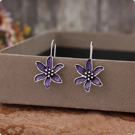 Purple flower-shaped alloy earrings with electroplated finish and retro styling