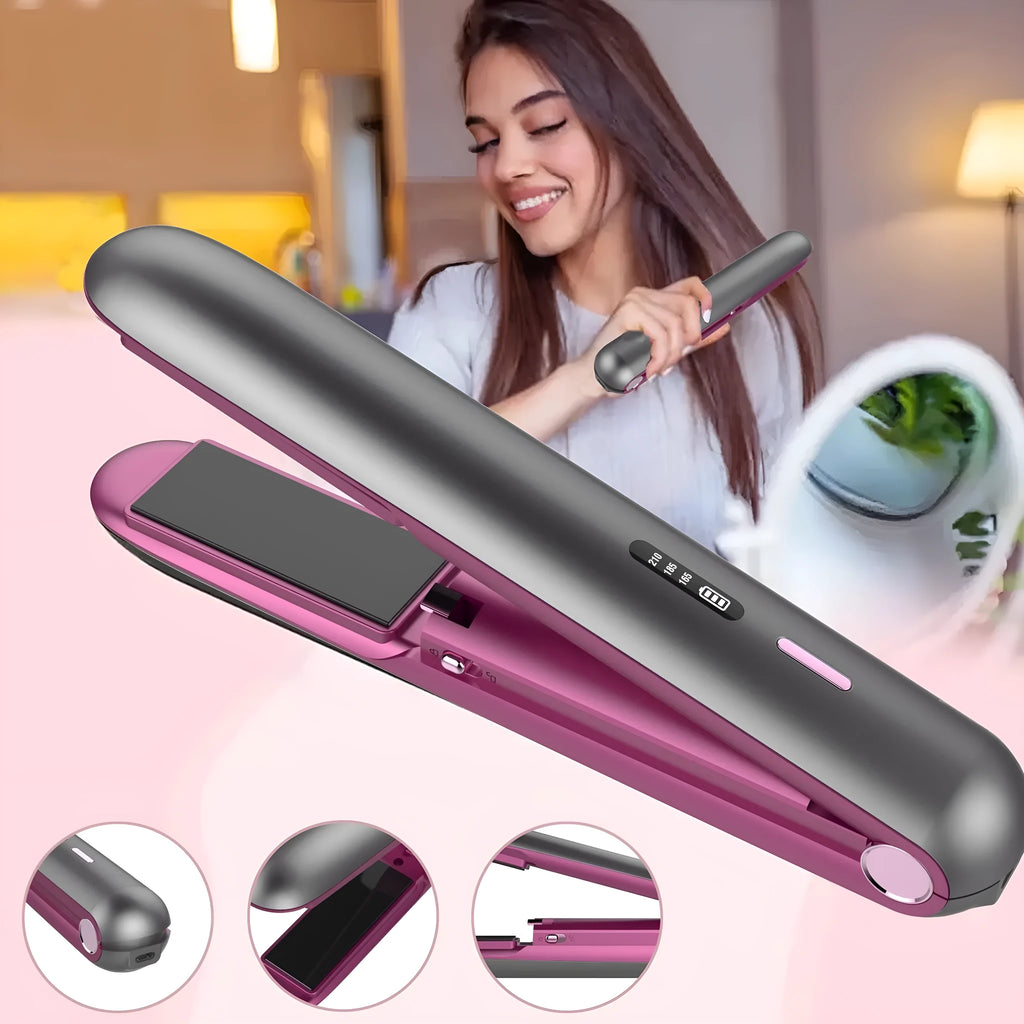 Moon shadow grey wireless hair straightener with tourmaline ceramic plates and temperature display