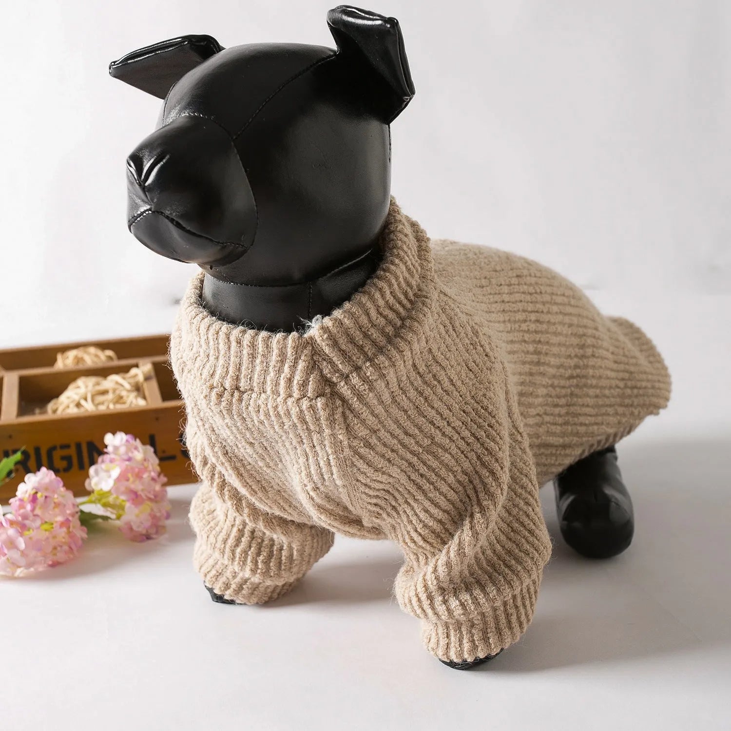Brown cloth dog sweater pullover for small breed dogs on size chart