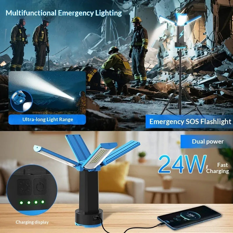 Blue outdoor multi-function work light with four-leaf fold design, LED lamp, and folding bracket