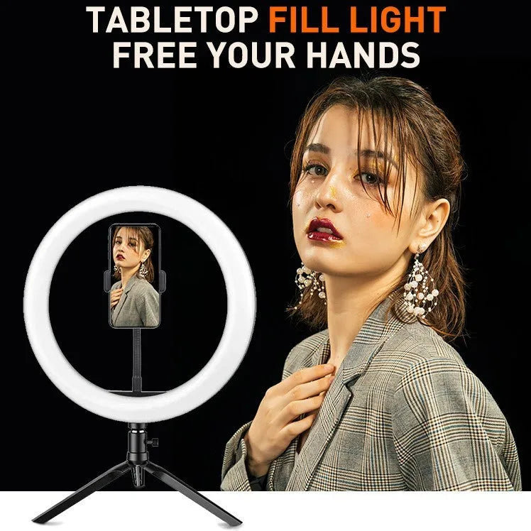 White metal desktop bracket fill light with 10 inch 26cm arc, Bluetooth remote control, and desktop tripod for mobile phone use