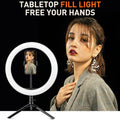 White metal desktop bracket fill light with 10 inch 26cm arc, Bluetooth remote control, and desktop tripod for mobile phone use