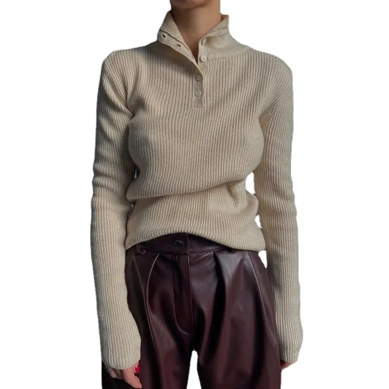 Women's silver gray retro single-breasted half turtleneck pullover sweater slim fit