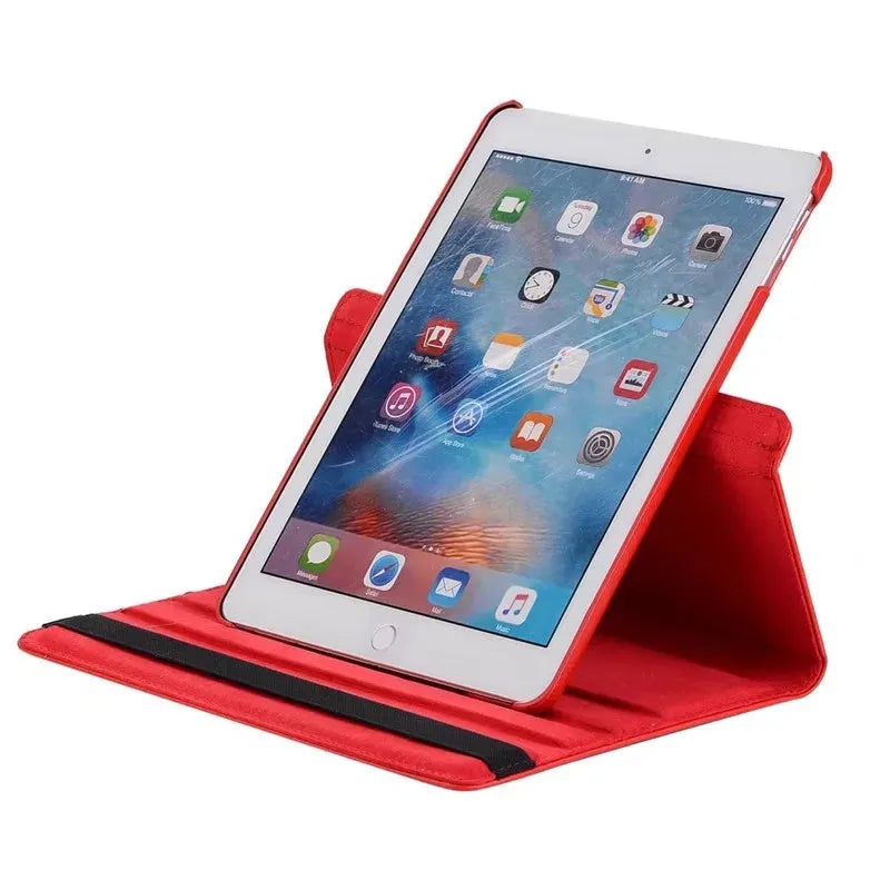 iPad rotating protective sleeve in imitation leather clamshell design showing colour options