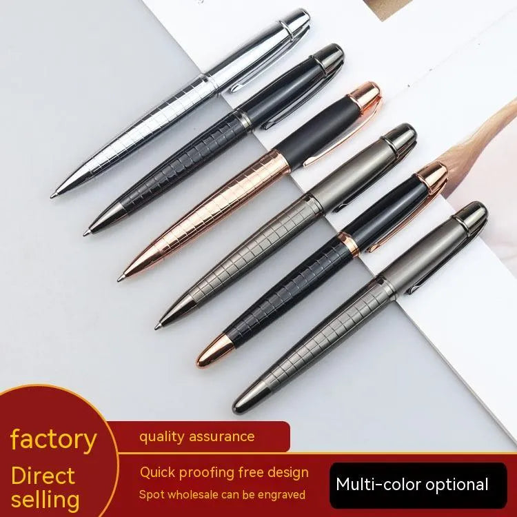 Business metal roller pen gun gray with black refill on white background, 13.5cm length