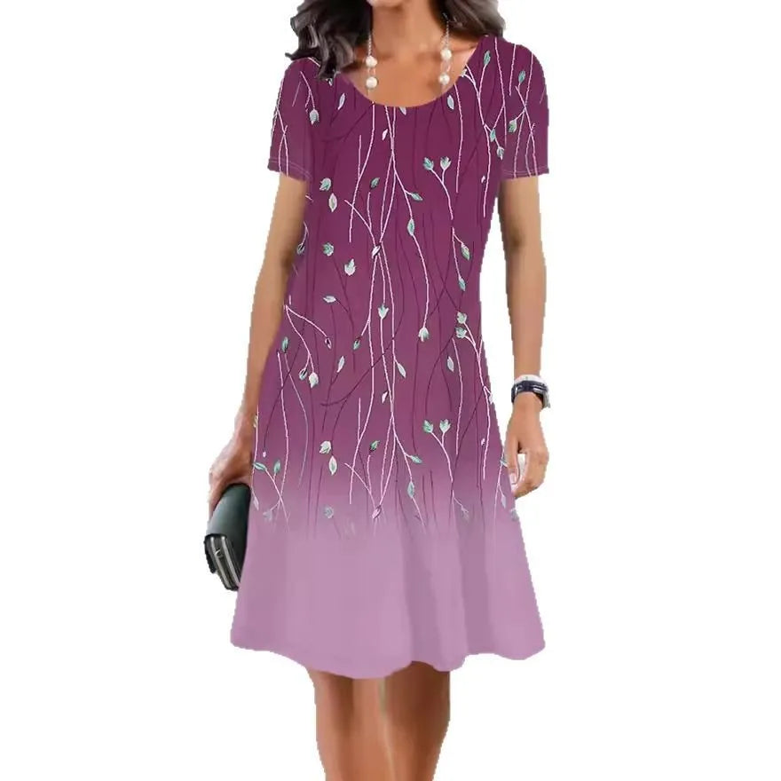 Women's floral print mid-length summer dress with short sleeves and round neck in ice silk fabric