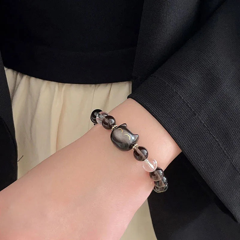 Women's cat head bracelet with natural opal beads 8mm round silver tone charm classic style