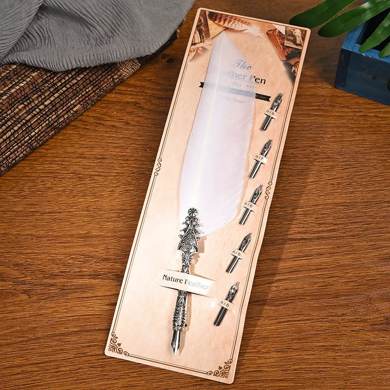 Vintage feather pen with zinc alloy shell in ten colour options showing retro design