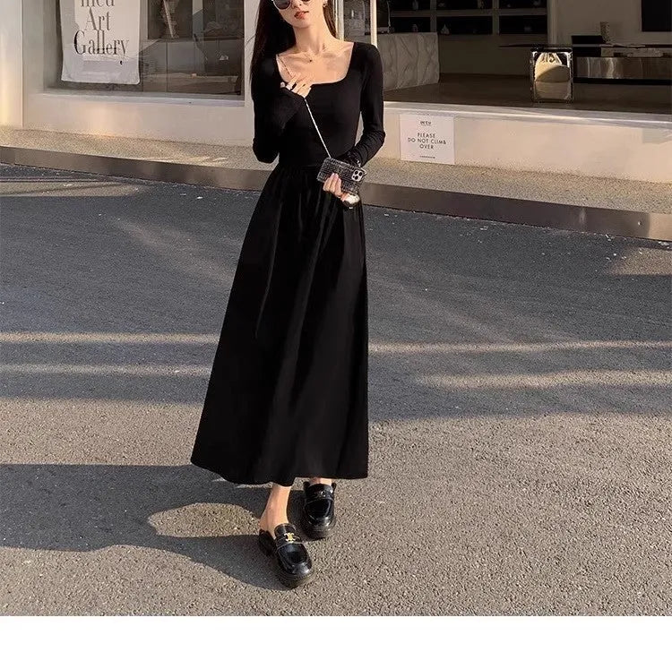 Women's black square collar knitted long sleeve dress with A-line skirt and elastic waist