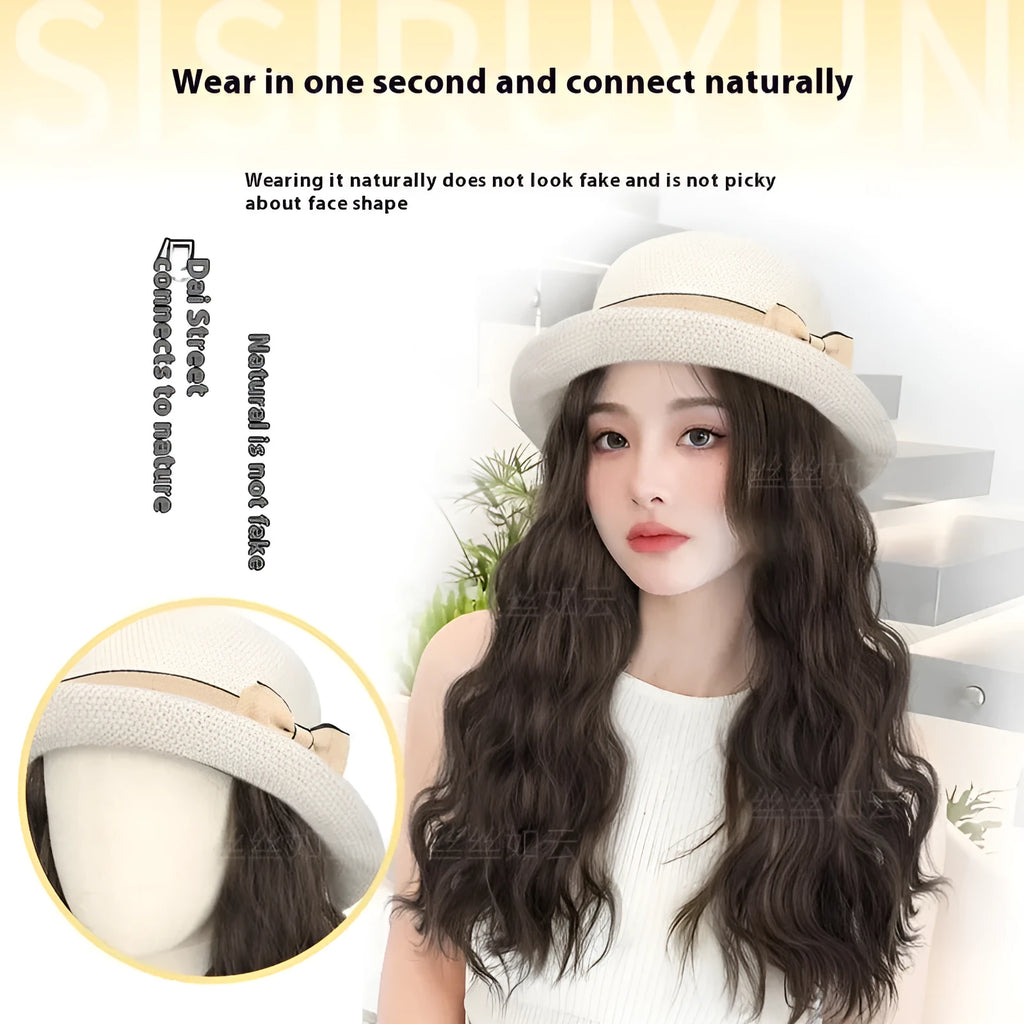 Hat wig with curly long hair in cold brown water ripple colour, high temperature fibre, summer style accessory for women