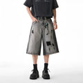 Gray high street water washed hole denim shorts for women retro loose fit cropped cotton summer shorts