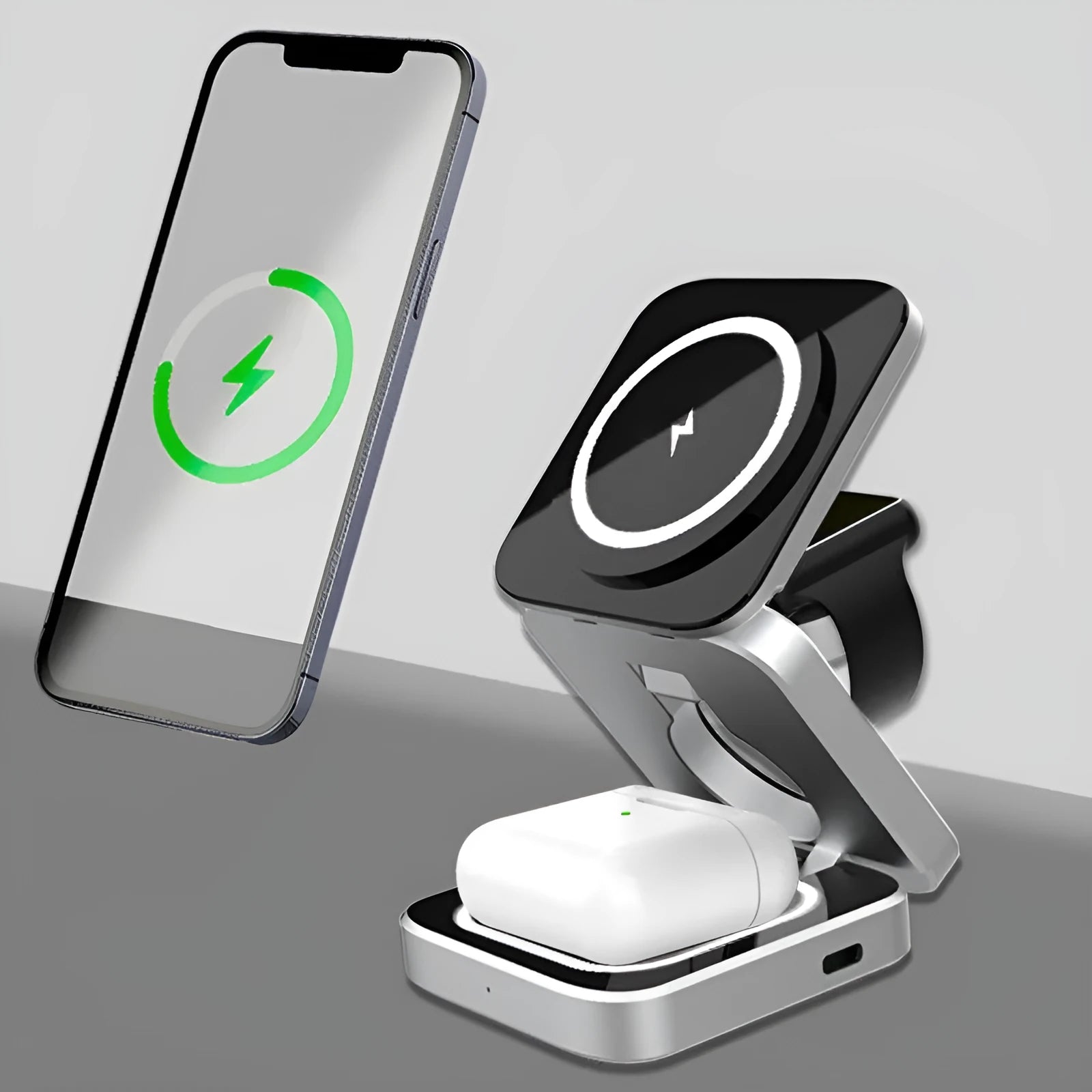 Three-in-one foldable desktop wireless charging bracket for Apple, Samsung, and Google Pixel Watch with magnetic induction ring