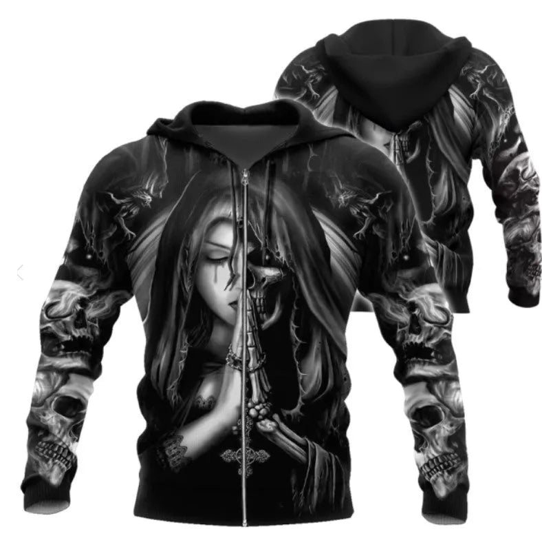 Hooded sweatshirt with 3D Halloween anime skull graphic in casual long sleeve design