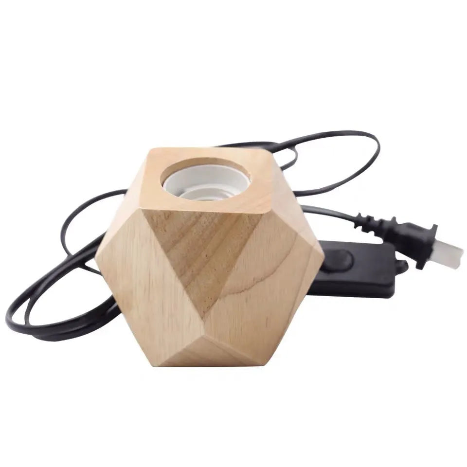 Retro wood lamp holder in square shape with hanging wire, natural wood finish, 75x80mm, E27 socket