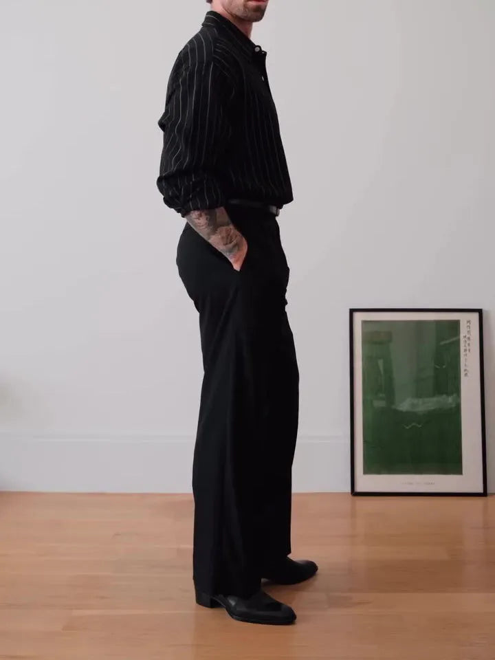 Men's black pinstripe polyester button-down shirt with regular fit on a hanger.