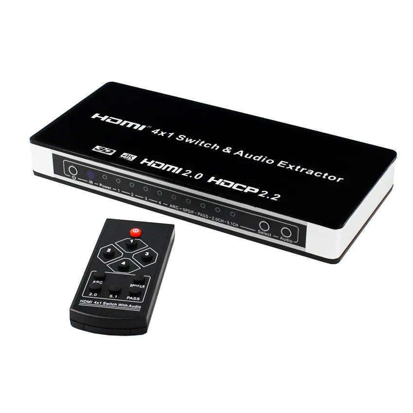 Black HDMI audio switch with remote control and 10-metre cable for 4-in-1 video switching