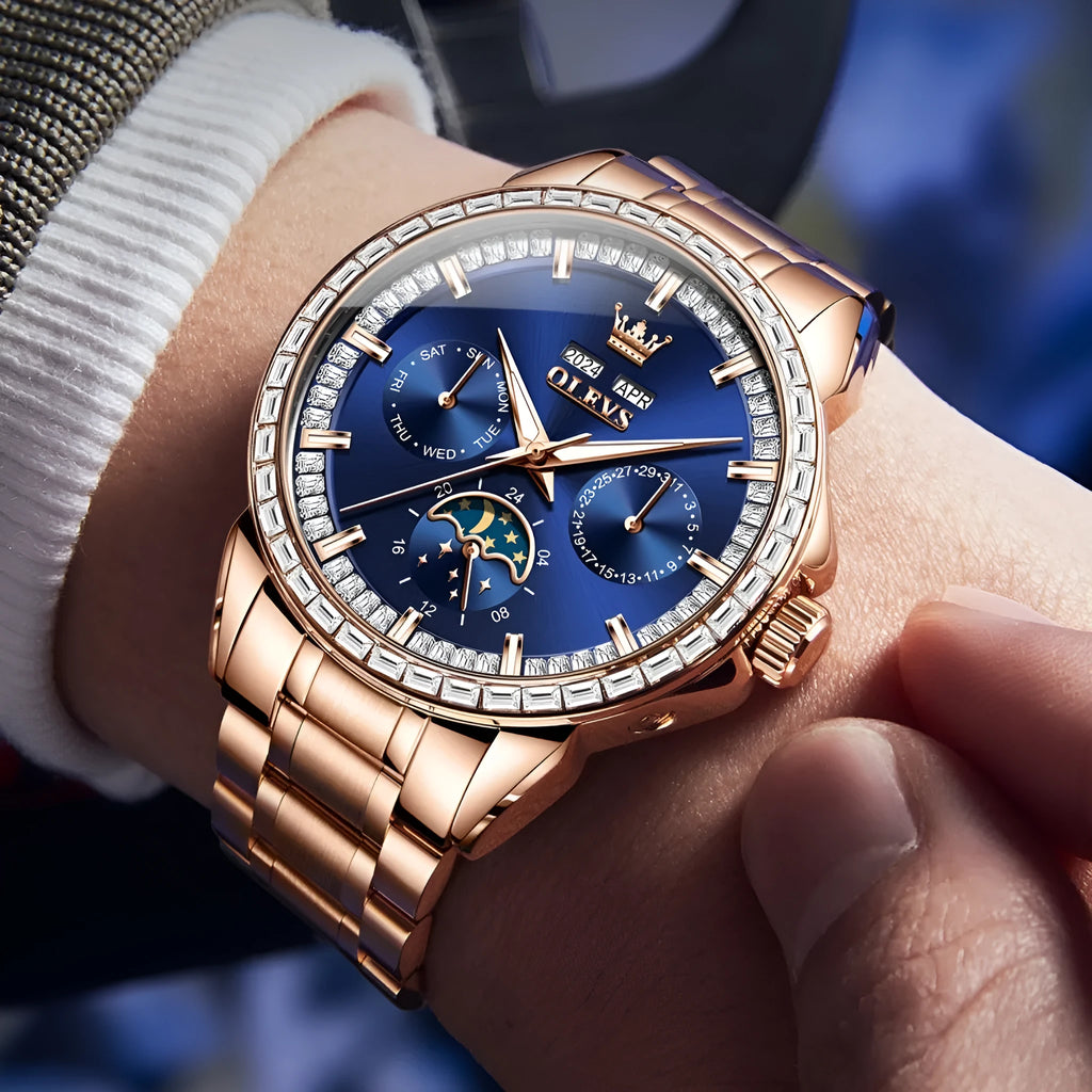 Men's diamond-embedded automatic mechanical watch with stainless steel construction and transparent case back