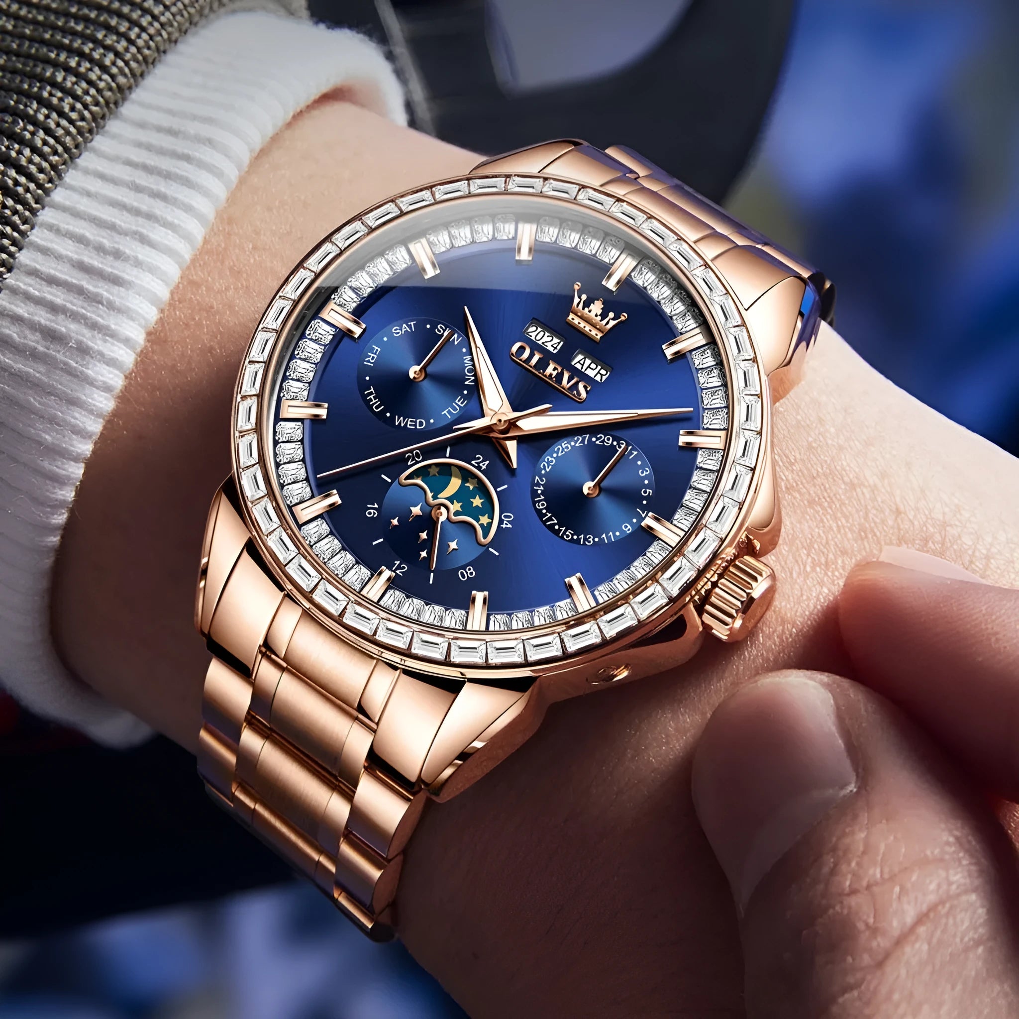 Men's diamond-embedded automatic mechanical watch with stainless steel construction and transparent case back