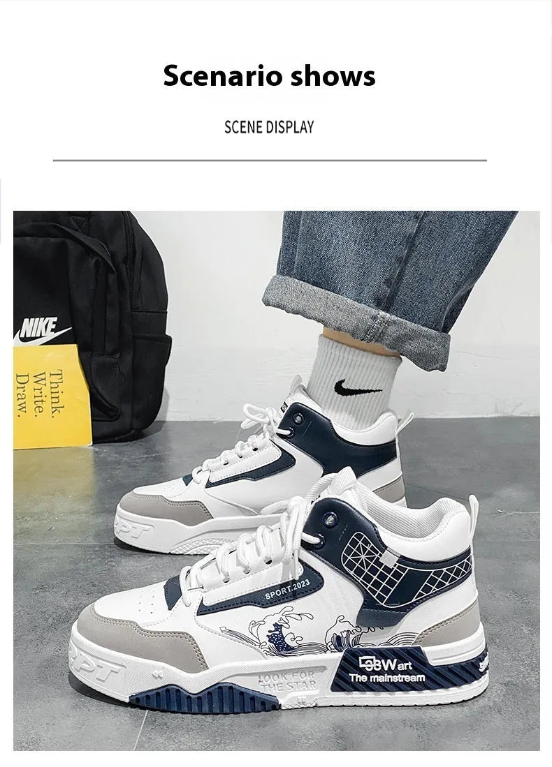 Men's beige and white high-top board shoes with a lace-up front and rubber sole.