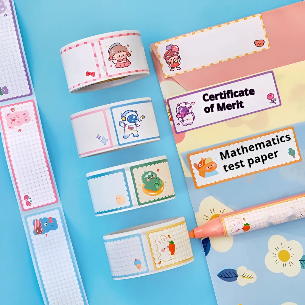 Roll of cartoon message index stickers showing dinosaur, astronaut, rabbit, and girl designs