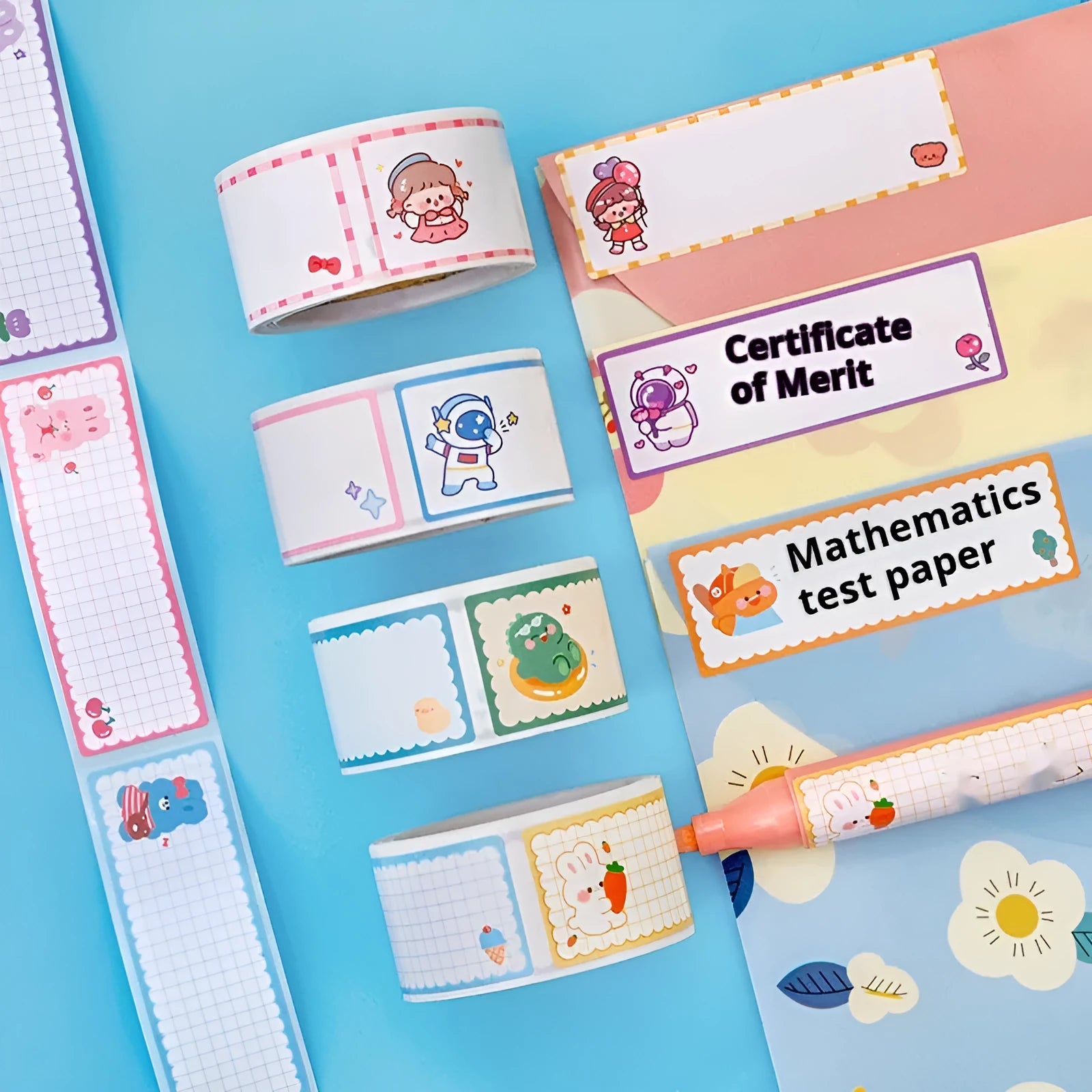 Roll of cartoon message index stickers showing dinosaur, astronaut, rabbit, and girl designs