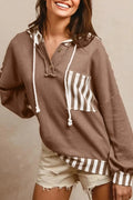 Straw yellow waffle texture striped hoodie with patchwork panels and button neck closure