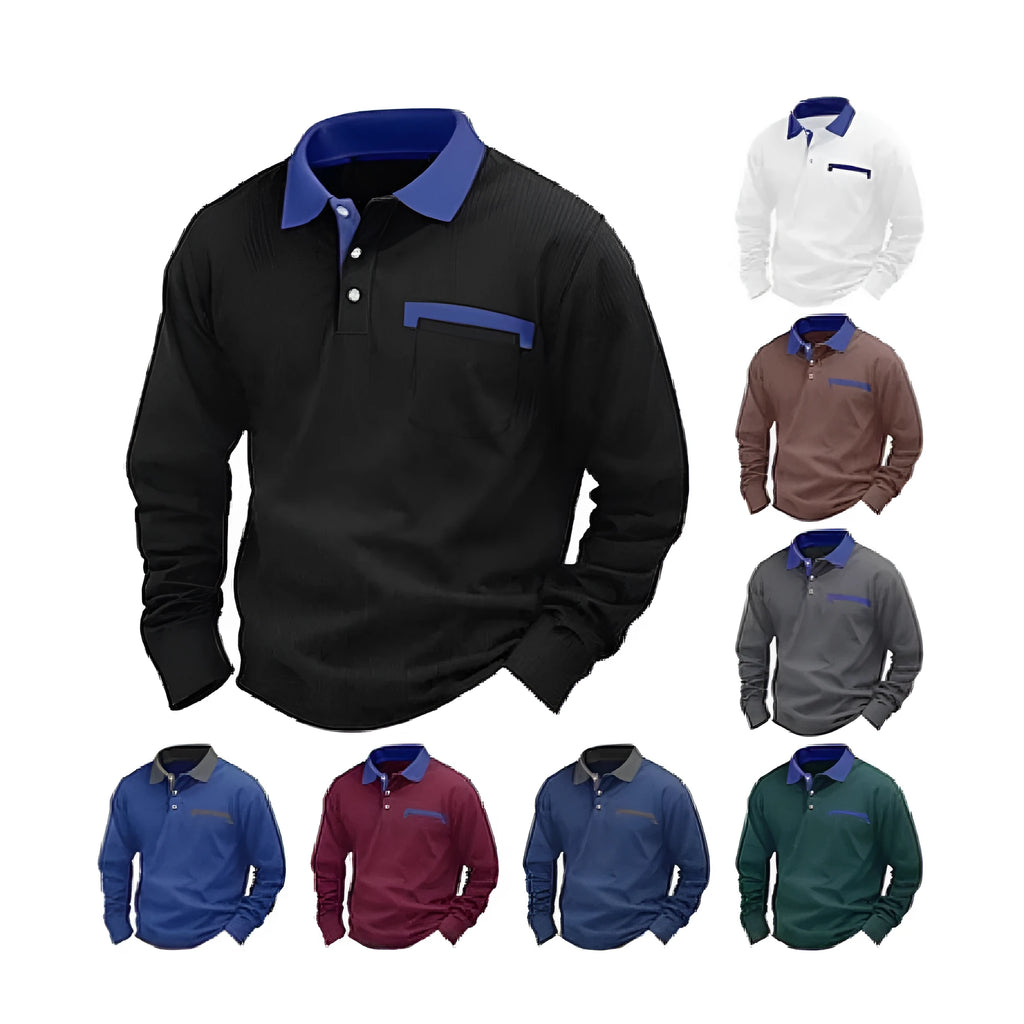 Man wearing a long-sleeved waffle-knit polo shirt in a solid colour with asymmetric detailing.