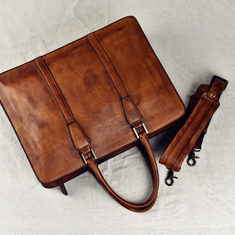 Men's 14-inch leather business handbag in khaki with horizontal design and zipper