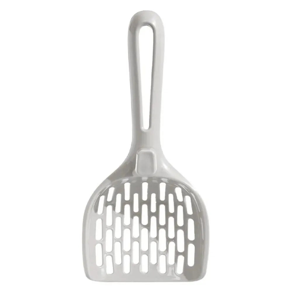 Grey plastic cat litter scoop sitting in its matching plastic storage base.