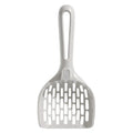 Grey plastic cat litter scoop sitting in its matching plastic storage base.