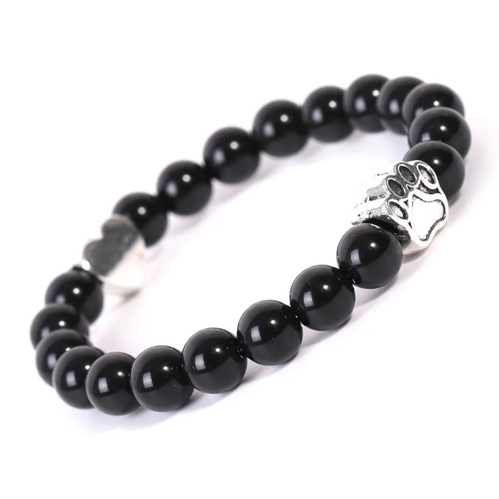 Stone bracelet with dog's paw design featuring Indian agate and tigereye beads in geometric arrangement