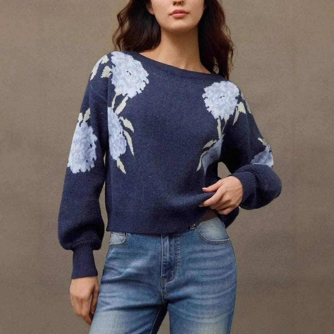 Sapphire blue women's pullover with flower jacquard pattern, loose casual fit with long sleeves