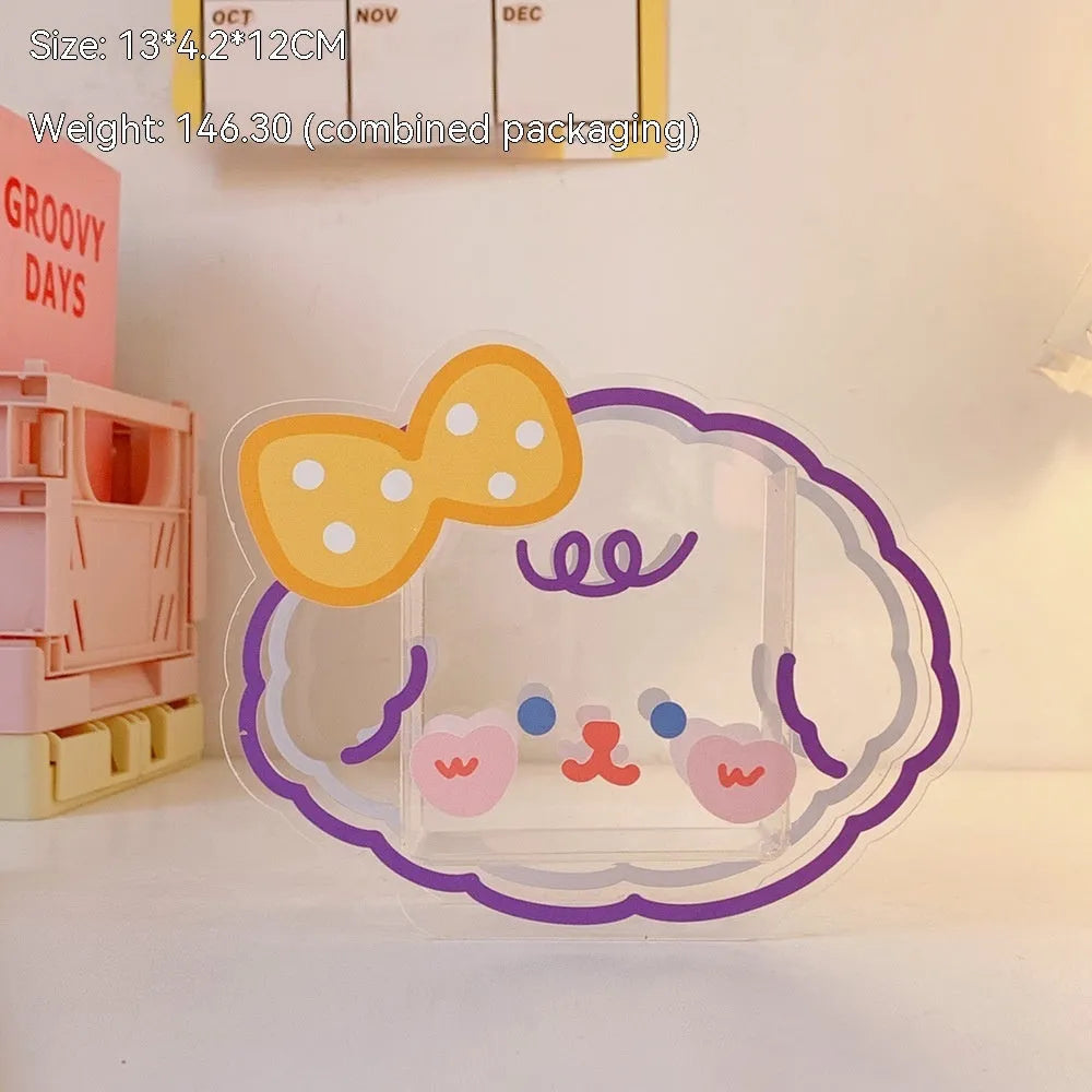 Square clear acrylic storage box with cute character print, showing six design options for desk organisation