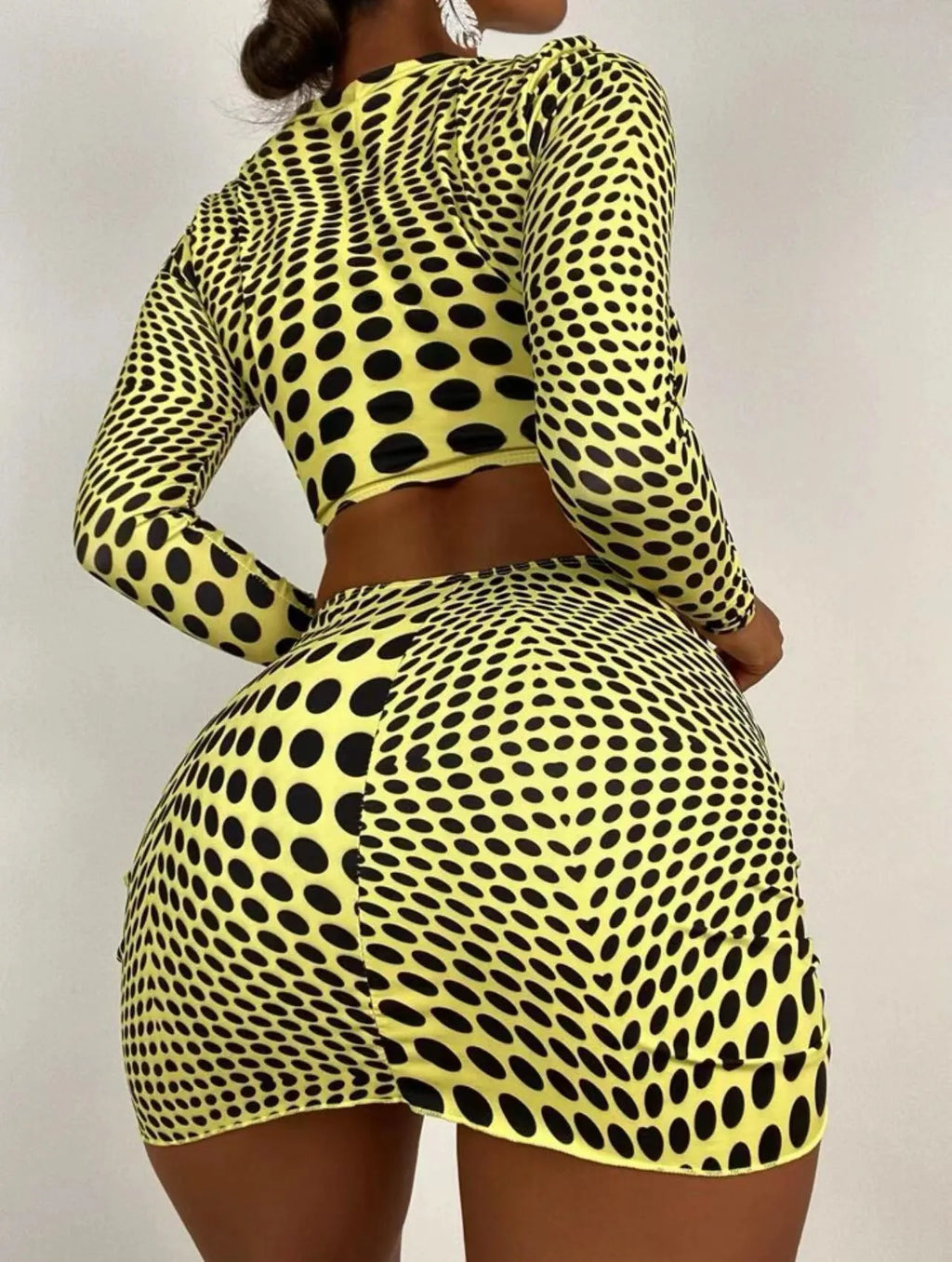 Women's polka dot swimsuit three-piece set in green and yellow with polyester fabric