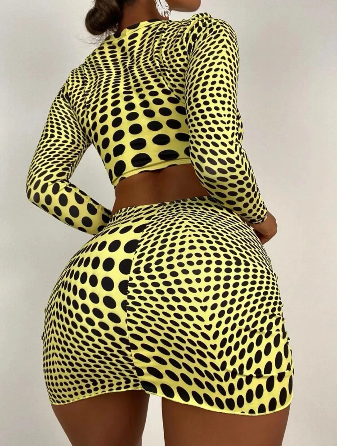 Women's polka dot swimsuit three-piece set in green and yellow with polyester fabric
