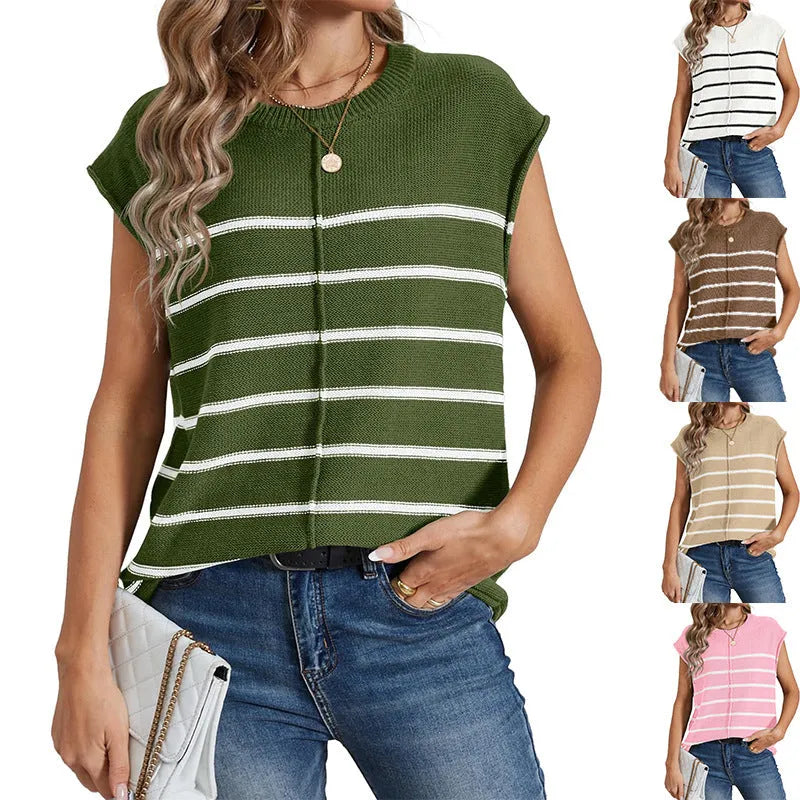 Women's striped vest sleeve pullover top in acrylic fabric with bone stitching detail
