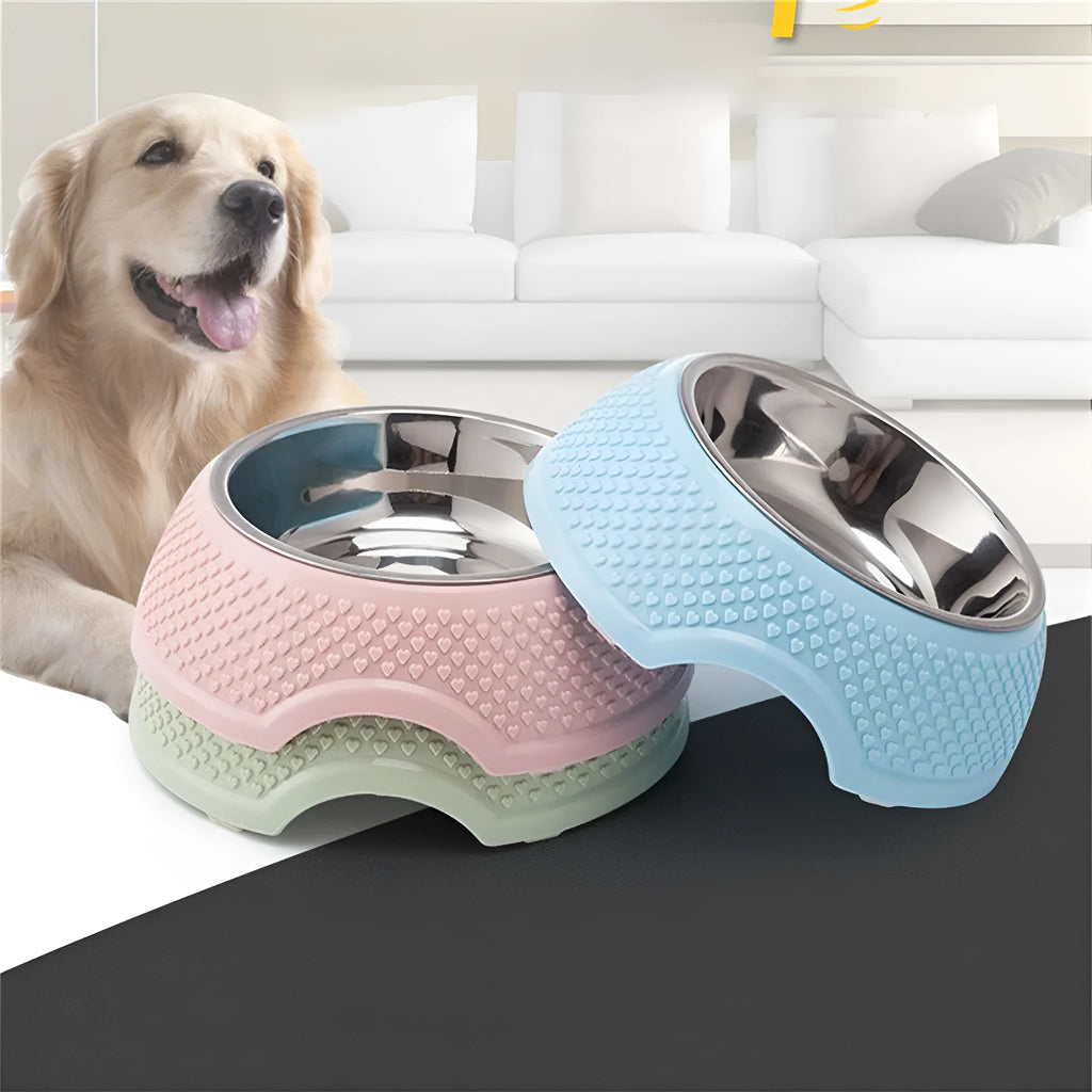 Stainless steel pet bowl with non slip base in blue green pink options for cat dog feeding