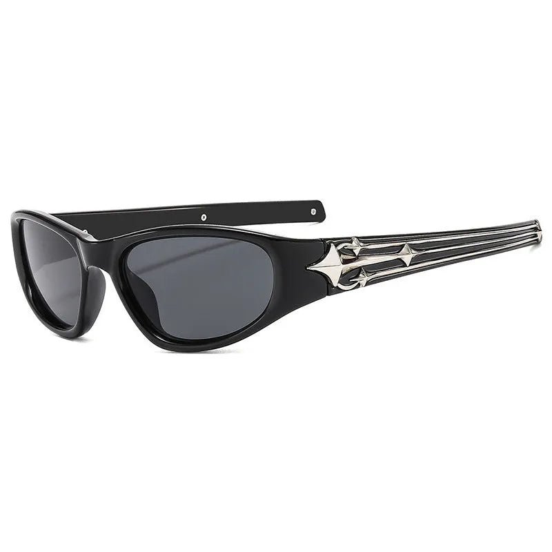 Outdoor sports sunglasses with a PC frame and category 3 grey lens in a special-shaped design.