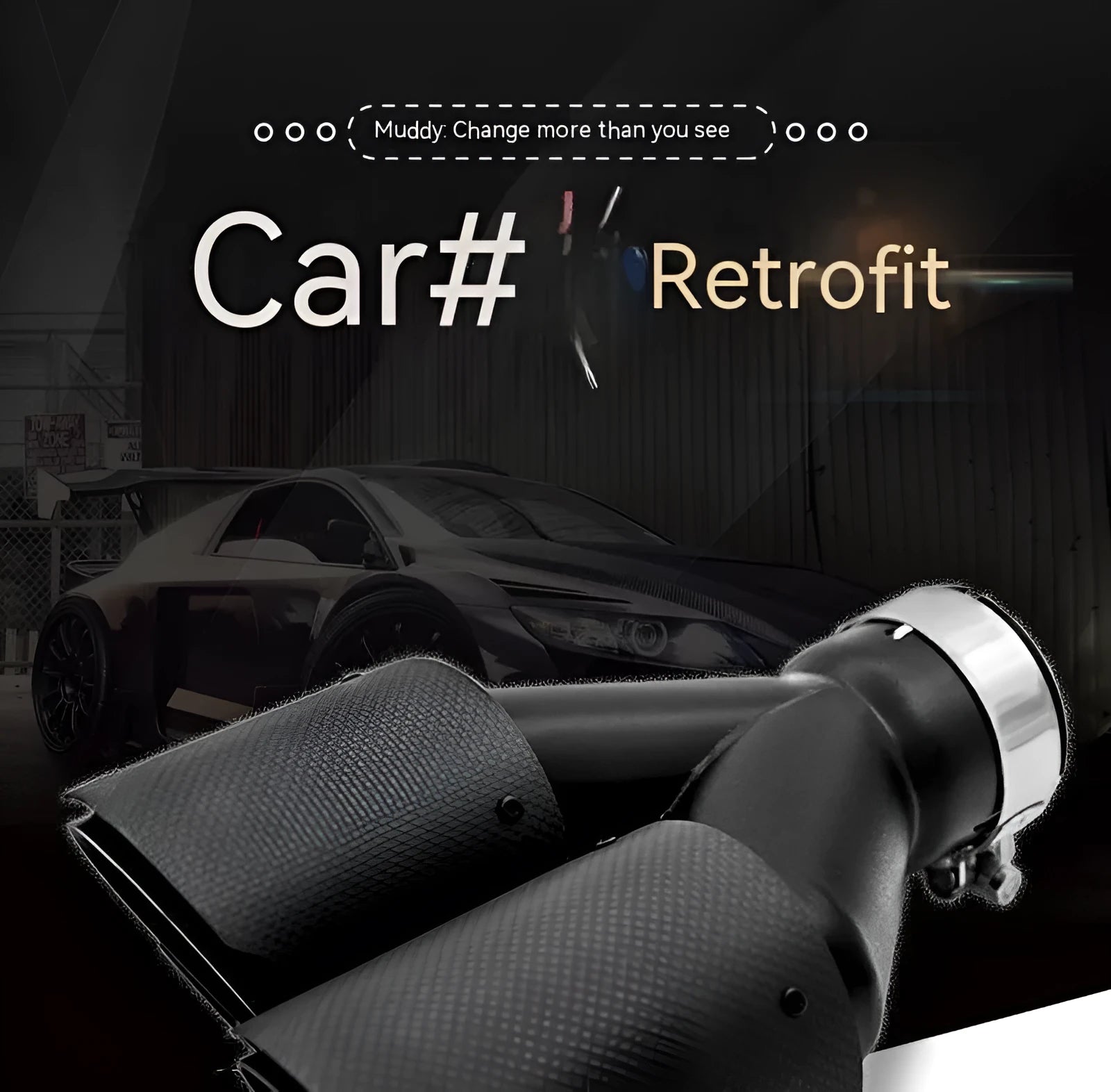 Black carbon fibre car exhaust pipe with twin tail nozzle and dual outlet.