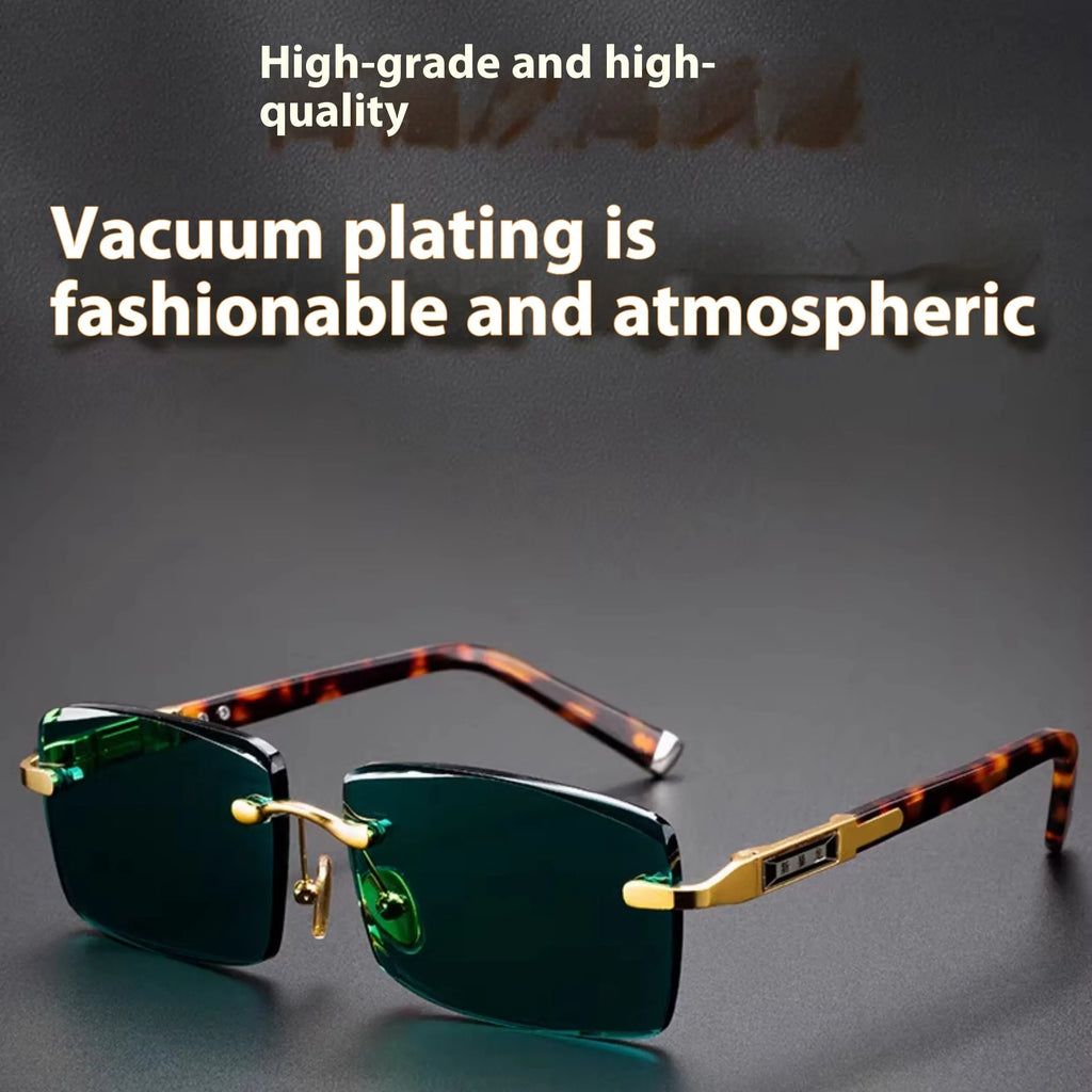 Frameless sunglasses with dark green tinted lenses lying on a hard protective case with a microfiber cloth.