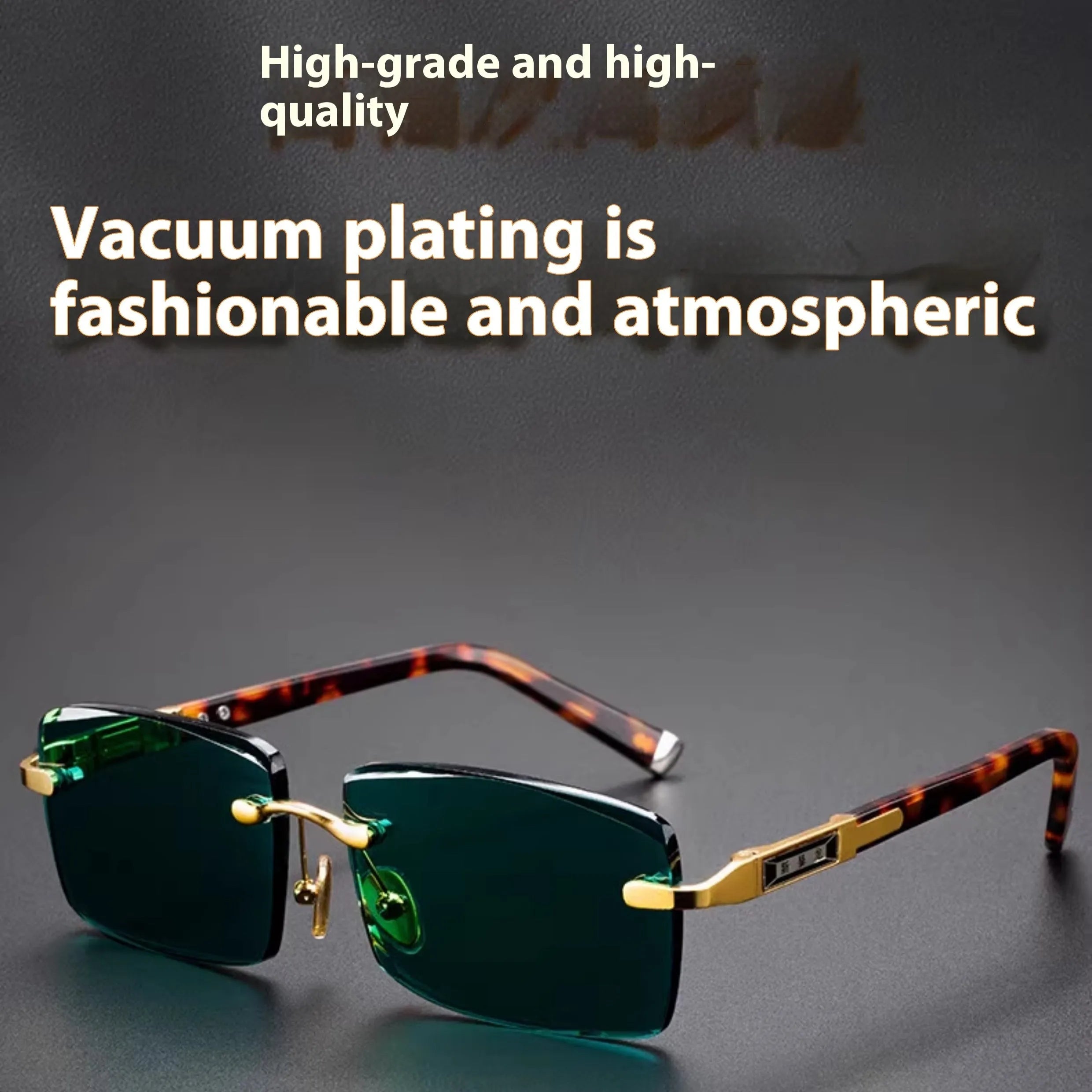 Frameless sunglasses with dark green tinted lenses lying on a hard protective case with a microfiber cloth.