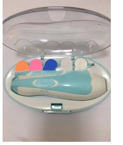 Blue electric baby nail polisher tool with rounded head for infant and toddler grooming