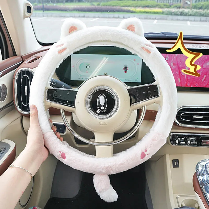 Plush winter car steering wheel cover with embroidered bear motif, designed for 38cm diameter wheels.