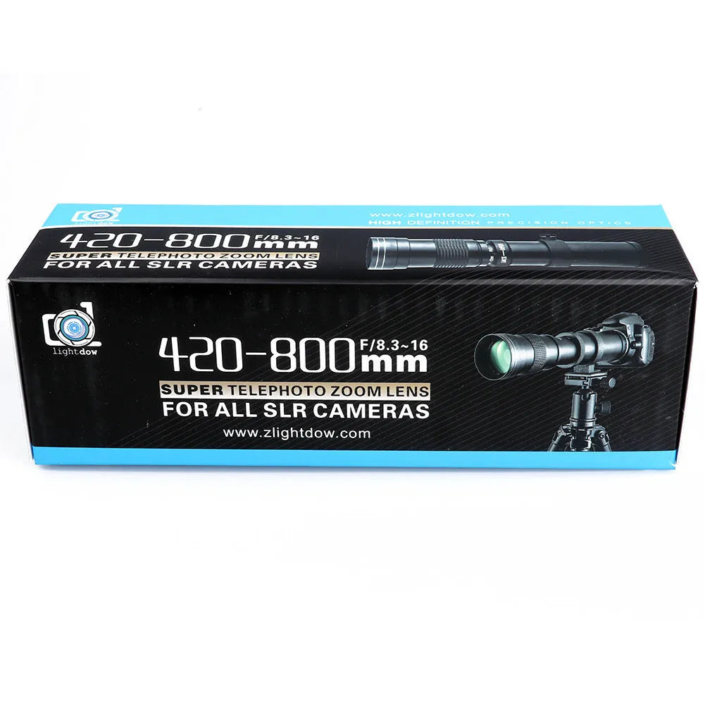 420-800mm manual telephoto zoom camera lens with T-mount adapter, shown at full extension.