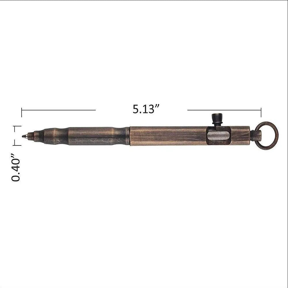 Vintage brass tactical pen with hexagonal bolt shaping, 13cm length, brass natural colour finish