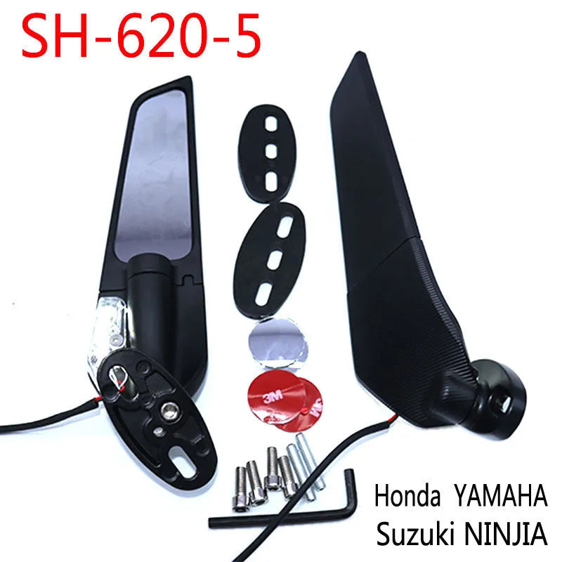 Pair of yellow-reflector aluminium alloy motorcycle rearview mirrors with convex lenses.