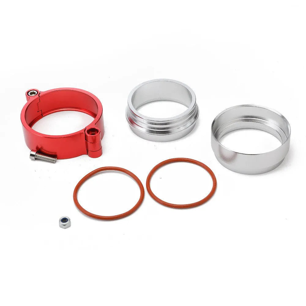 Aluminium fixed movement exhaust clamp for turbo systems in black, with size markings