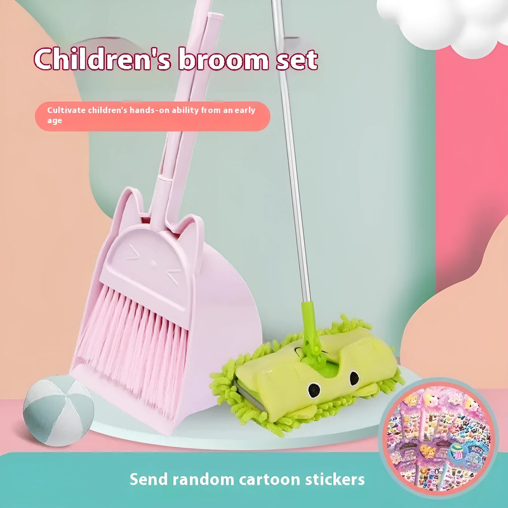 Broom and dustpan set with rotating head and non-stick holder in beige, green, and purple colours