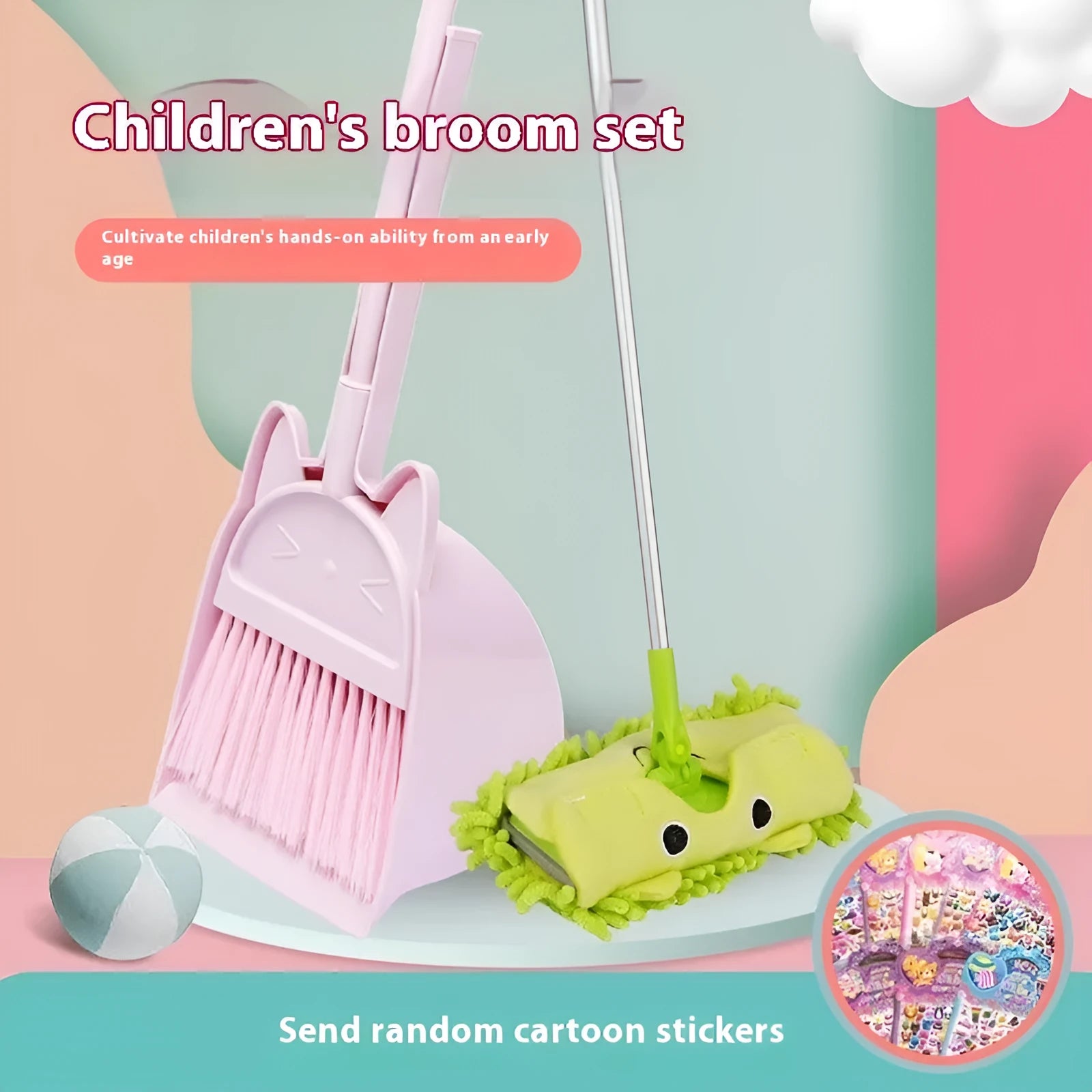 Broom and dustpan set with rotating head and non-stick holder in beige, green, and purple colours