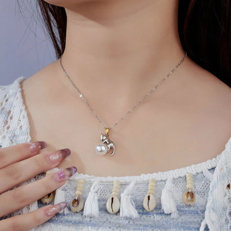 925 sterling silver clavicle chain necklace with cat charm pendant, electroplated finish